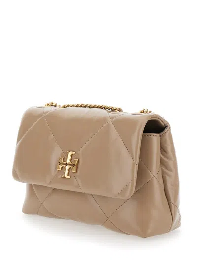 Tory Burch 'kira Diamond Small' Beige Crossbody Bag With Double T Logo In Quilted Leather Woman