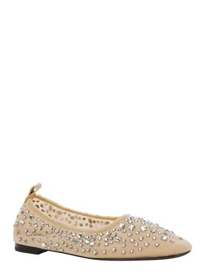 Tory Burch Beige Ballet Flats With All-over Crystals Application In Tech Fabric Woman