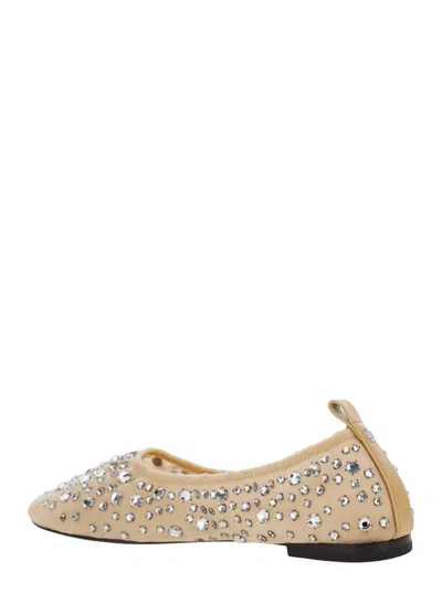 Tory Burch Beige Ballet Flats With All-over Crystals Application In Tech Fabric Woman