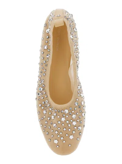 Tory Burch Beige Ballet Flats With All-over Crystals Application In Tech Fabric Woman