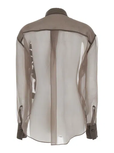Brunello Cucinelli Brown Shirt With Semi-transparent Design And Embroidery On The Front In Silk Woman