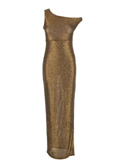 Norma Kamali Metallic One-shoulder Long Dress With Sequin Decorations In Tech Fabric Woman In Brown