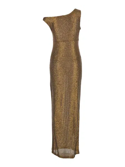 Norma Kamali Metallic One-shoulder Long Dress With Sequin Decorations In Tech Fabric Woman In Brown