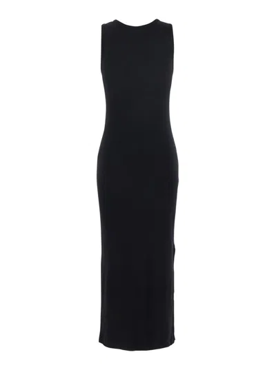 Maison Kitsuné Black Long Dress With Ribbed Design And Baby Fox Embroidered On The Front In Cotton Woman
