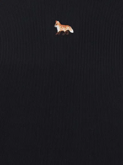 Maison Kitsuné Black Long Dress With Ribbed Design And Baby Fox Embroidered On The Front In Cotton Woman