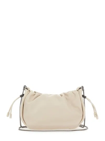 Brunello Cucinelli Mellow Beige Crossbody Bag With Drawstring Closure And Chain Shoulder Strap In Leather Woman