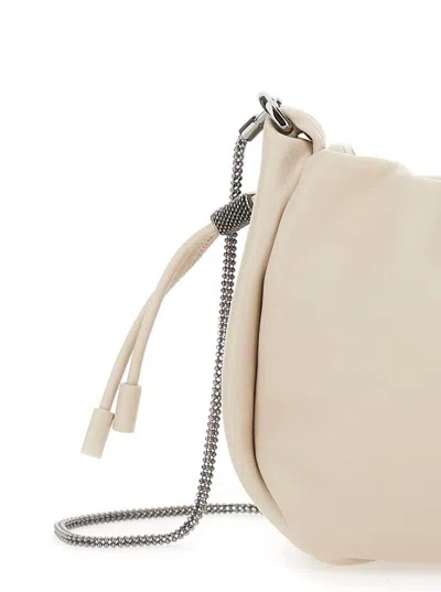 Brunello Cucinelli Mellow Beige Crossbody Bag With Drawstring Closure And Chain Shoulder Strap In Leather Woman