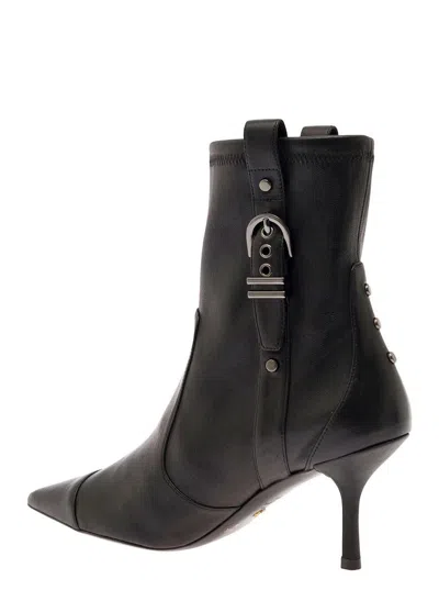 Stuart Weitzman Black Bootie With Buckle Detail And Stiletto Heel In Smooth Leather Woman