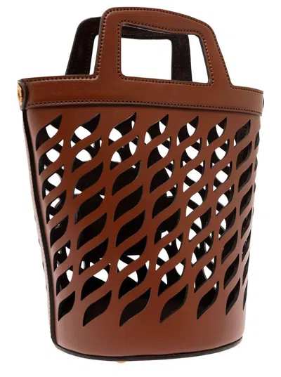 Etro Brown Bucket Bag With Multicolor Shoulder Strap And Pegasus Detail In Perforated Leather