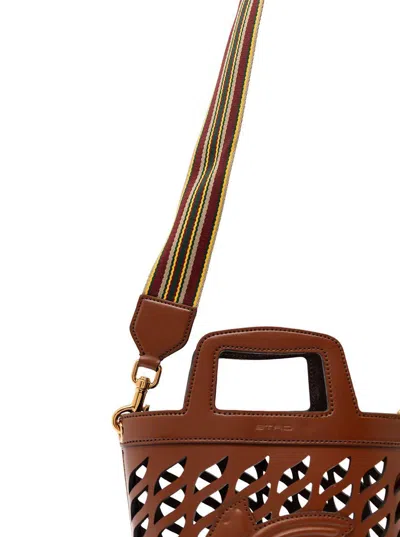 Etro Brown Bucket Bag With Multicolor Shoulder Strap And Pegasus Detail In Perforated Leather