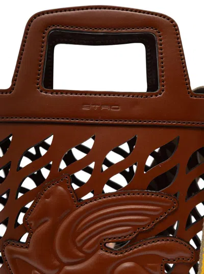 Etro Brown Bucket Bag With Multicolor Shoulder Strap And Pegasus Detail In Perforated Leather