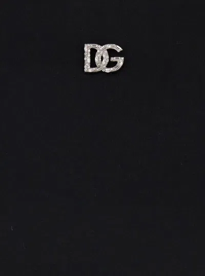 Dolce & Gabbana Black T-shirt With Logo Decorated With Crystals On The Front In Cotton Woman In Blue