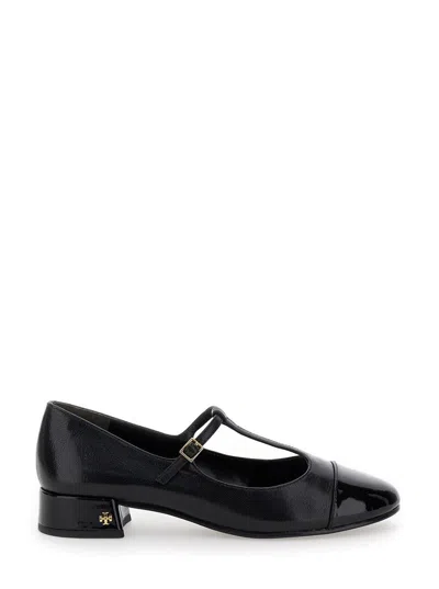 Tory Burch Black Ballet Shoes With Cap Toe And Low Block Heel In Patent Leather Woman