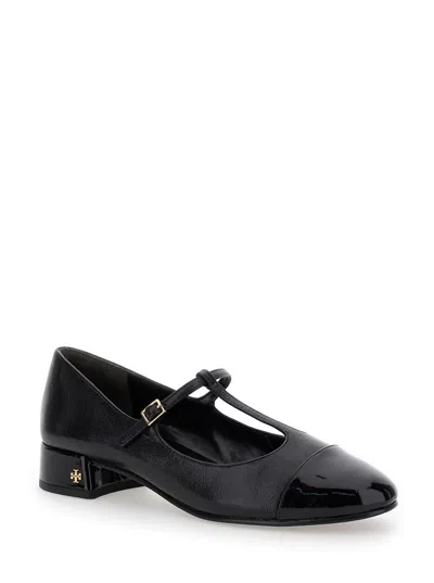 Tory Burch Black Ballet Shoes With Cap Toe And Low Block Heel In Patent Leather Woman