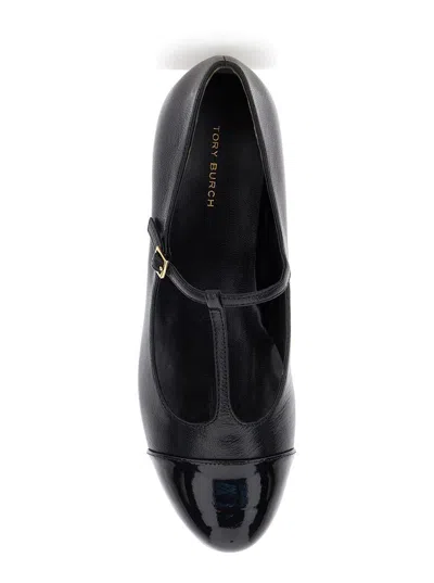 Tory Burch Black Ballet Shoes With Cap Toe And Low Block Heel In Patent Leather Woman