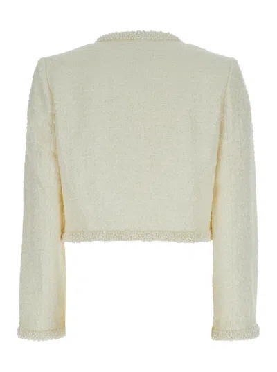 Self-portrait White Crewneck Jacket With Sequin And Faux-pearls Embellishments In Tech Fabric Woman
