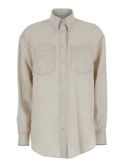 Brunello Cucinelli Beige Shirt With Chest Pockets And Monile Decorations In Linen Woman
