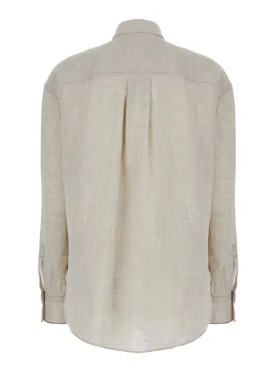 Brunello Cucinelli Beige Shirt With Chest Pockets And Monile Decorations In Linen Woman