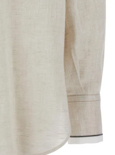 Brunello Cucinelli Beige Shirt With Chest Pockets And Monile Decorations In Linen Woman
