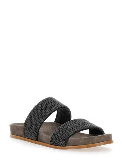 Brunello Cucinelli Grey Sandals With Monile Decoration And Round Open Toe In Suede And Cotton Woman