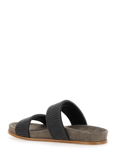 Brunello Cucinelli Grey Sandals With Monile Decoration And Round Open Toe In Suede And Cotton Woman