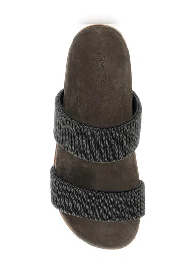 Brunello Cucinelli Grey Sandals With Monile Decoration And Round Open Toe In Suede And Cotton Woman
