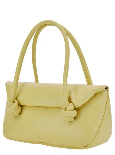 Jil Sander Knot Small Yellow Shoulder Bag With Laminated Logo In Patent Leather