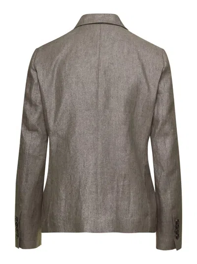 Brunello Cucinelli Metallic Double-breasted Jacket With Peak Revers In Linen Blend Woman