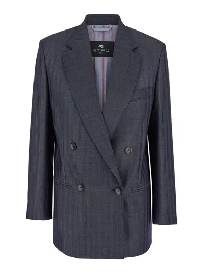 Etro Grey Oversized Double-breasted Jacket With Wide Revers In Wool Blend Woman