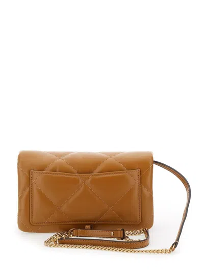 Tory Burch 'kira' Brown Chain Wallet With Double T Detail In Chevron Leather Woman