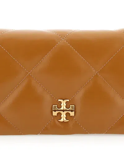 Tory Burch 'kira' Brown Chain Wallet With Double T Detail In Chevron Leather Woman