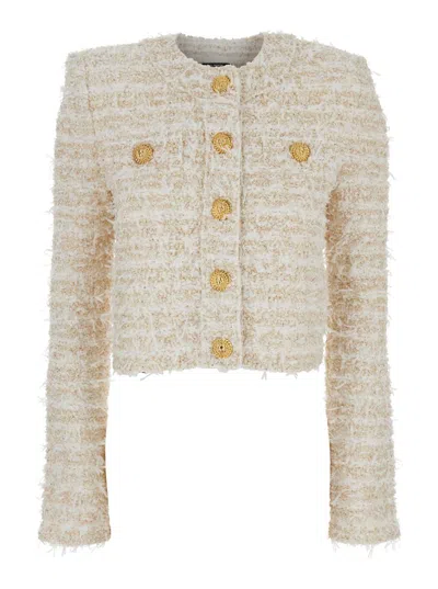 Balmain White Crewneck Cardigan With Jewel Buttons