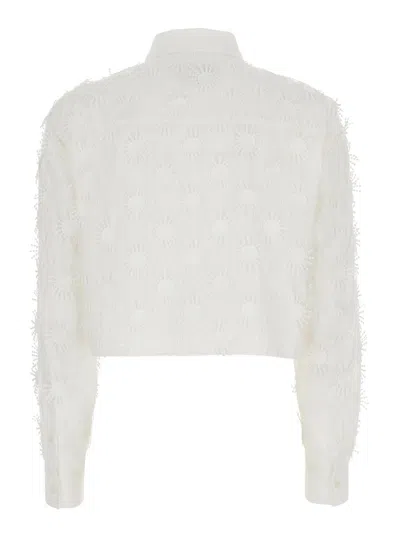 Msgm White Crop Shirt With All-over Applied Embroidery In Cotton Blend Woman