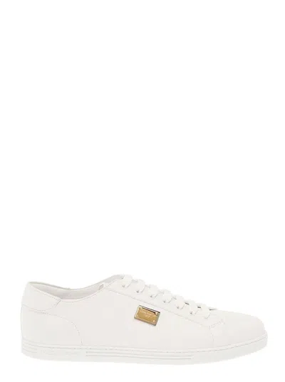 Dolce & Gabbana Portofino White Monocrom Low Top Sneakers With Logo Plaque In Leather Man