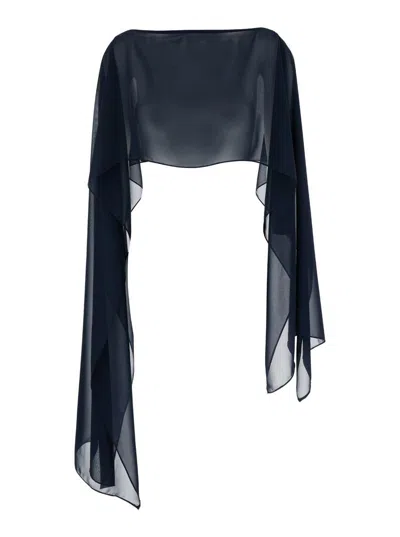 Plain Blue Stole With Boat Neckline In Sheer Fabric Woman