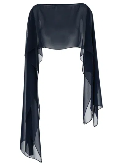 Plain Blue Stole With Boat Neckline In Sheer Fabric Woman