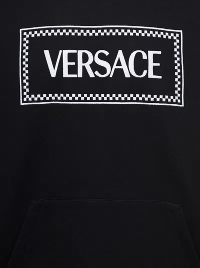 Versace Black Hoodie With Contrasting Logo Lettering Print In Cotton Man