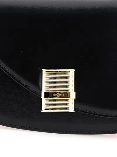 Ferragamo Fiamma S Black Shoulder Bag With Logo Detail And Oblique Flap In Leather Woman
