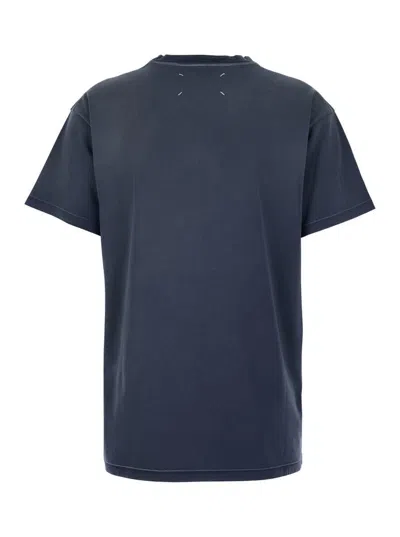 Maison Margiela Blue Crewneck T-shirt With Logo Lettering Print In Cotton Woman