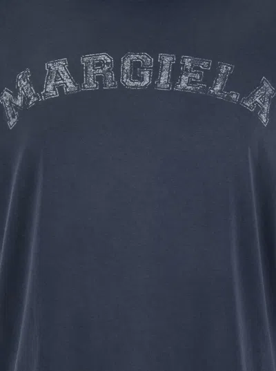 Maison Margiela Blue Crewneck T-shirt With Logo Lettering Print In Cotton Woman