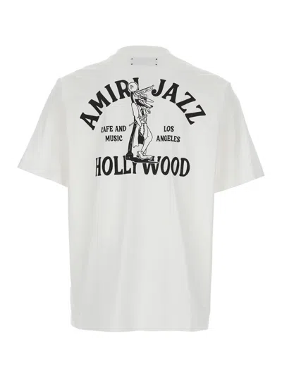 Amiri Jazz Wolf White Crewneck T-shirt With Logo Lettering On The Front And Maxi Print On The Rear In Cott