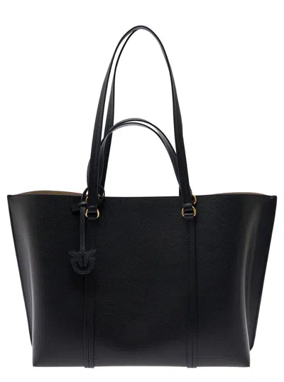 Pinko Black Large Tote Bag With Logo Charm In Grainy Leather Woman