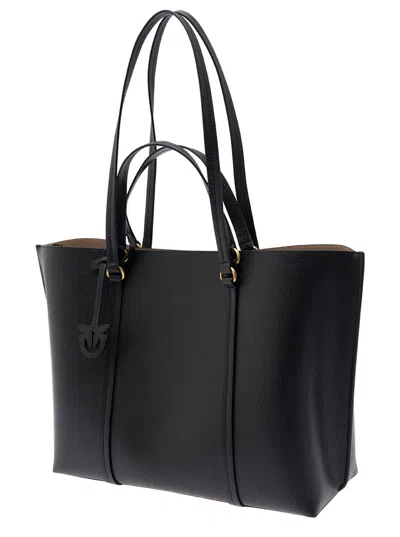 Pinko Black Large Tote Bag With Logo Charm In Grainy Leather Woman