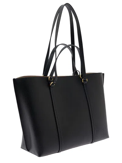 Pinko Black Large Tote Bag With Logo Charm In Grainy Leather Woman