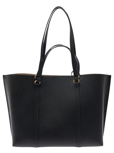 Pinko Black Large Tote Bag With Logo Charm In Grainy Leather Woman