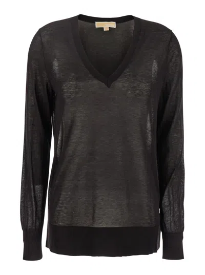 Michael Kors Black T-shirt With V Neck And Ribbed Trims In Cotton And Silk Blend Woman