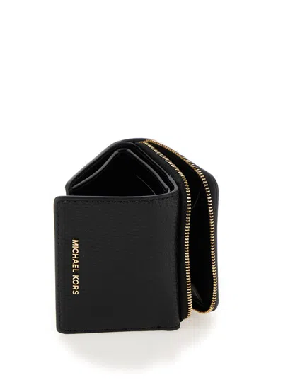 Michael Kors 'empire' Black Tri-fold Wallet With Logo Lettering On The Front In Grained Leather Woman