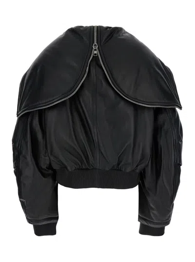 Attico Black Bomber Jacket With Zipped Oversized Hood In Leather Woman
