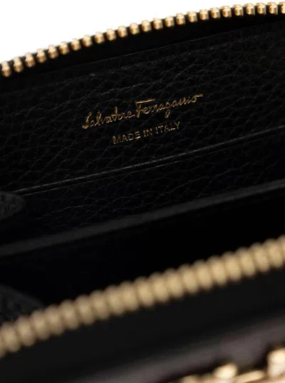 Ferragamo Black Coin Purse With Gancino Logo In Hammered Leaher Woman