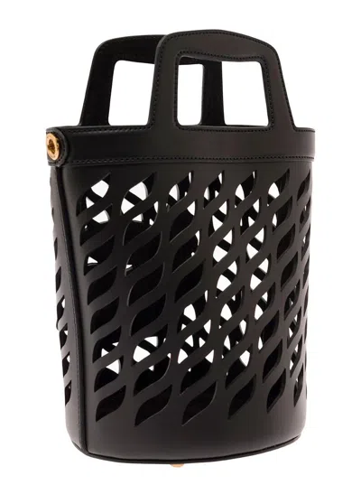 Etro Black Bucket Bag With Multicolor Shoulder Strap And Pegasus Detail In Perforated Leather Woman